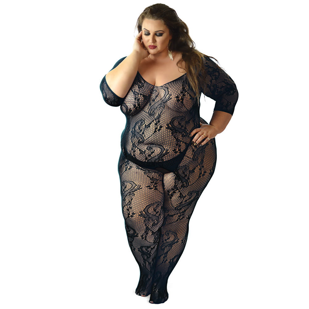 Crotchless bodystocking in fishnet Open crotch feature allows easy intimate...